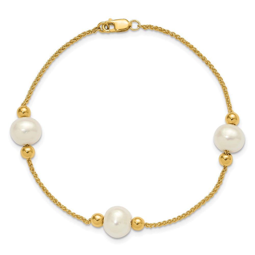 10K Gelbgold Poliert 8-9mm Halb-round Weiß Süßwasser Zuchtperle 3-station 7.5 Zoll Armband