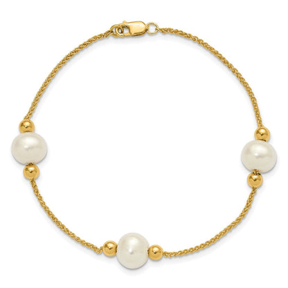 10K Gelbgold Poliert 8-9mm Halb-round Weiß Süßwasser Zuchtperle 3-station 7.5 Zoll Armband