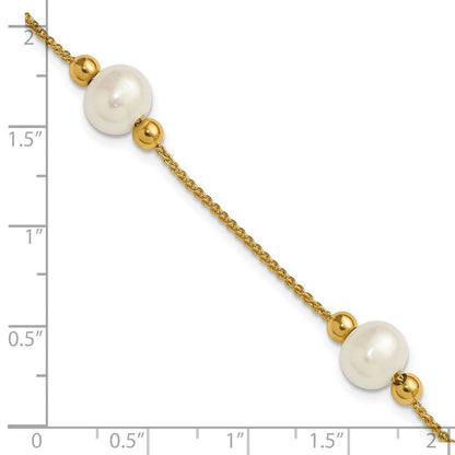10K Gelbgold Poliert 8-9mm Halb-round Weiß Süßwasser Zuchtperle 3-station 7.5 Zoll Armband