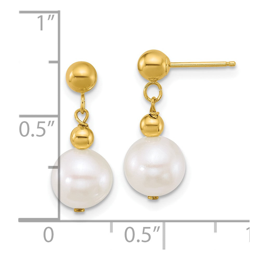 10K Gelbgold Poliert 7-8mm Halb-round Weiß Süßwasser Zuchtperle Hängend Ohrstecker