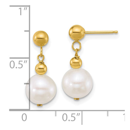 10K Gelbgold Poliert 7-8mm Halb-round Weiß Süßwasser Zuchtperle Hängend Ohrstecker