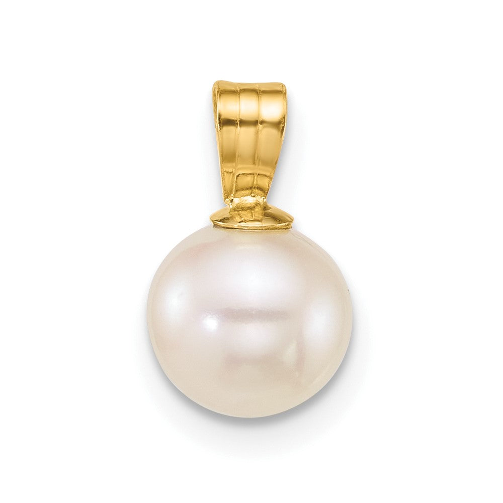 10K Gelbgold Poliert 7-8mm Rund Weiß Süßwasser Zuchtperle Anhänger