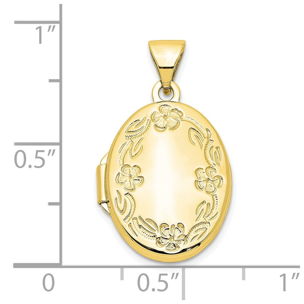 10K Gelbgold 17mm Oval Blatt Blumen Hand Graviert Medaillon