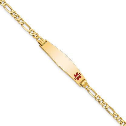 10K Gelbgold Medizinisch Weich Diamant Form Rot Emaille Flach Figaro Glieder Id Gliederarmband