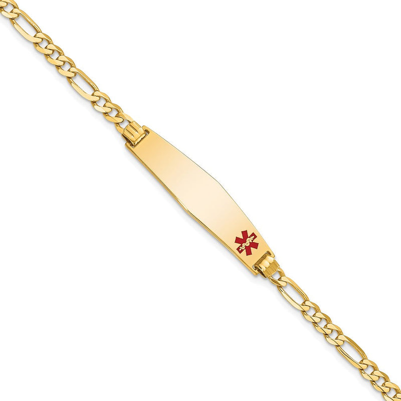 10K Gelbgold Medizinisch Weich Diamant Form Rot Emaille Flach Figaro Glieder Id Gliederarmband