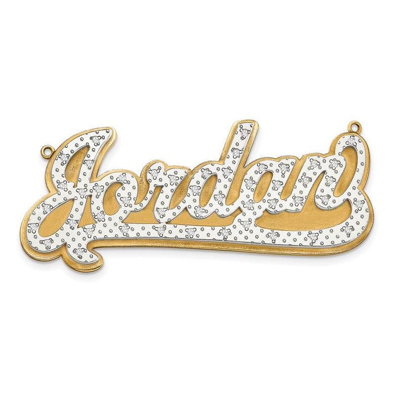 10K Gold und Rhodium Diamant-Namensschild-Anhänger, dreidimensional