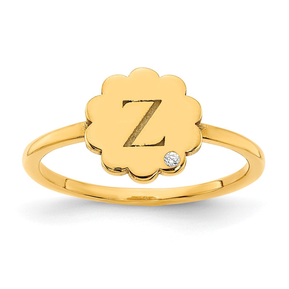 10K Gelbgold Siegelring mit Initiale, Blume und echtem Diamant
