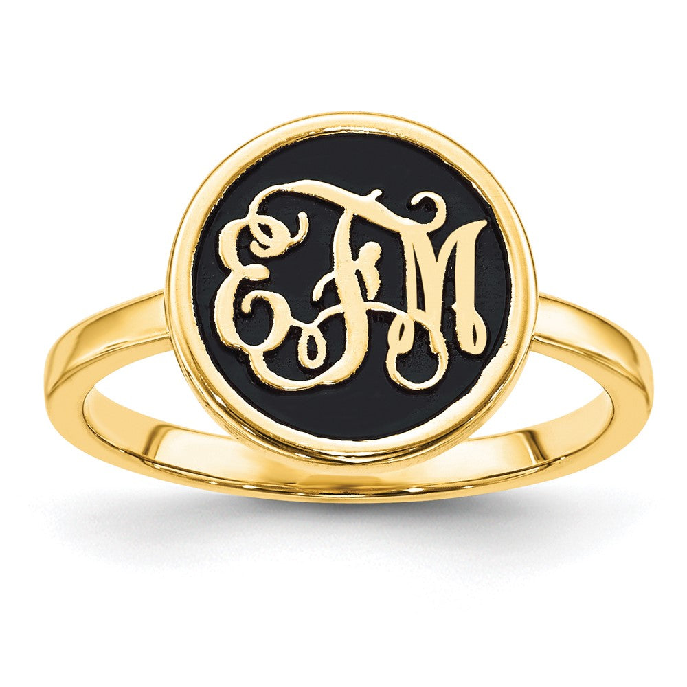 10K Gelbgold Ring, poliert, mit antikisiertem Monogramm-Hintergrund