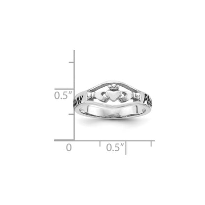 14K Weißgold Ring, gegossen, hochglanzpoliert, mit antikem Claddagh-Schriftzug