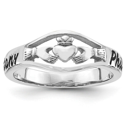 14K Weißgold Ring, gegossen, hochglanzpoliert, mit antikem Claddagh-Schriftzug