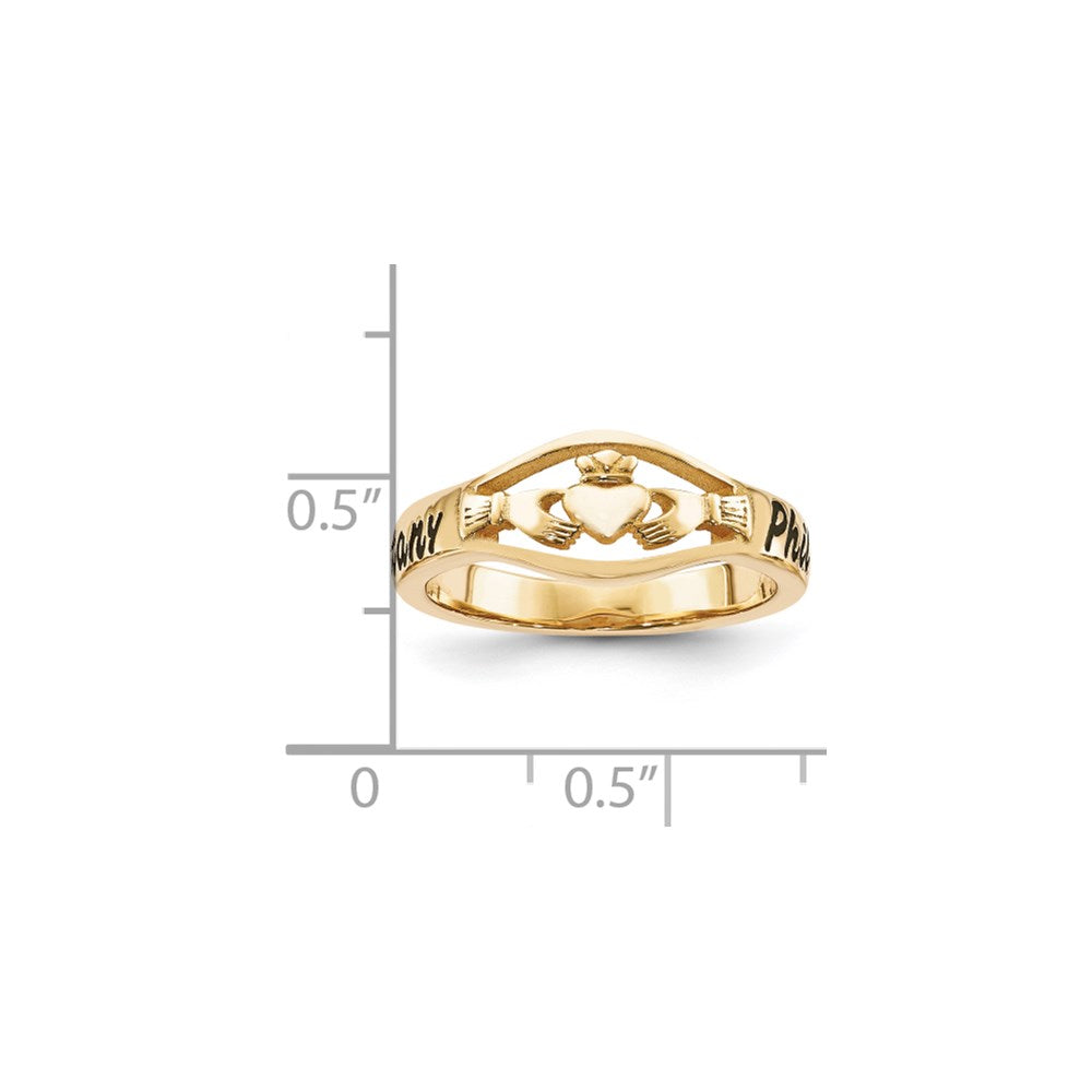 10K-Gelbgold-Claddagh-Ring mit Gussfertigung, Hochglanzpolitur und antikem Schriftzug