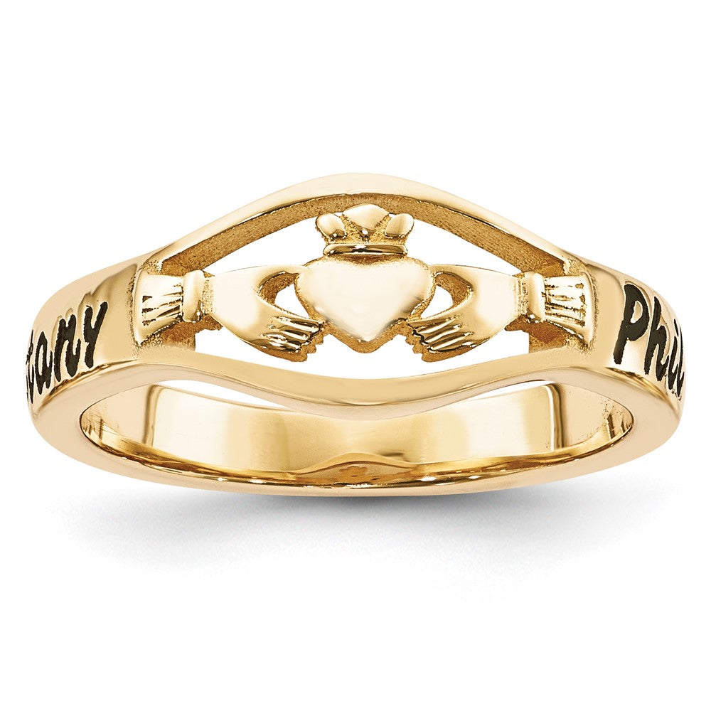 10K-Gelbgold-Claddagh-Ring mit Gussfertigung, Hochglanzpolitur und antikem Schriftzug