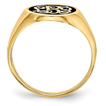 10K Gelbgold Ring, poliert, mit antikisiertem Monogramm-Hintergrund