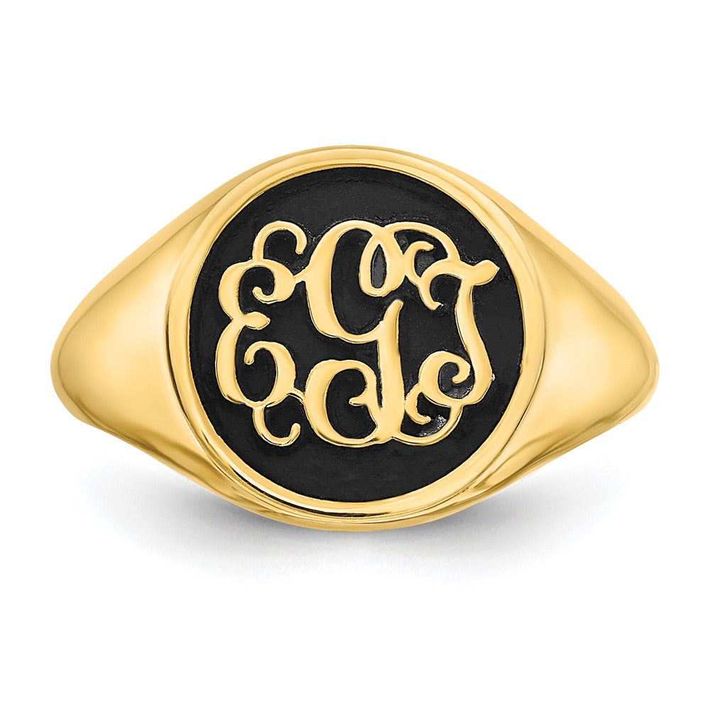 10K Gelbgold Ring, poliert, mit antikisiertem Monogramm-Hintergrund