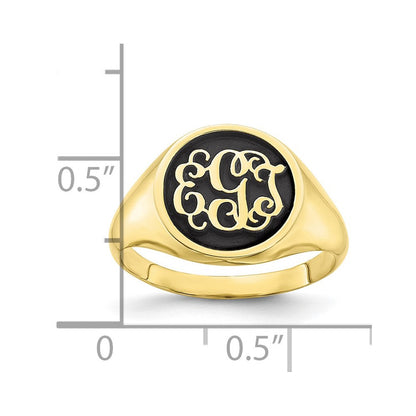 10K Gelbgold Ring, poliert, mit antikisiertem Monogramm-Hintergrund