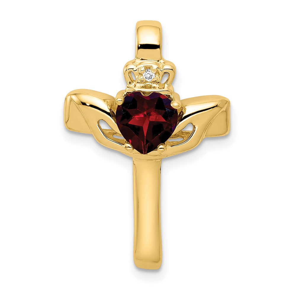 10-Karat-Gelbgold-Claddagh-Kreuz-Anhänger mit Granat und AA-Diamant