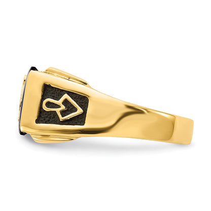 10K Gelbgold Herren Poliert und Strukturiert mit Schwarz Emaille, Imitat Blau Spinell Aa Qualität Diamant Freimaurer Ring