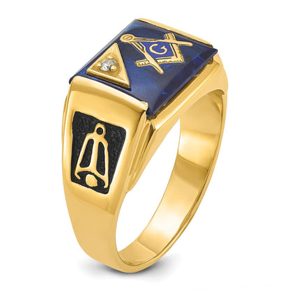 10K Gelbgold Herren Poliert und Strukturiert mit Schwarz Emaille, Imitat Blau Spinell Aa Qualität Diamant Freimaurer Ring