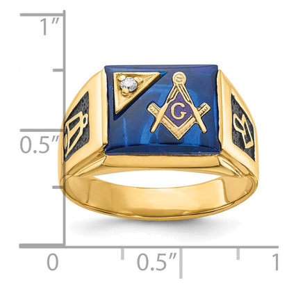 10K Gelbgold Herren Poliert und Strukturiert mit Schwarz Emaille, Imitat Blau Spinell Aa Qualität Diamant Freimaurer Ring