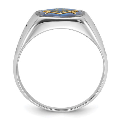 10K Weißgold Herren Poliert und Gerillt mit Schwarz Emaille Imitat Blau Spinell Freimaurer Ring