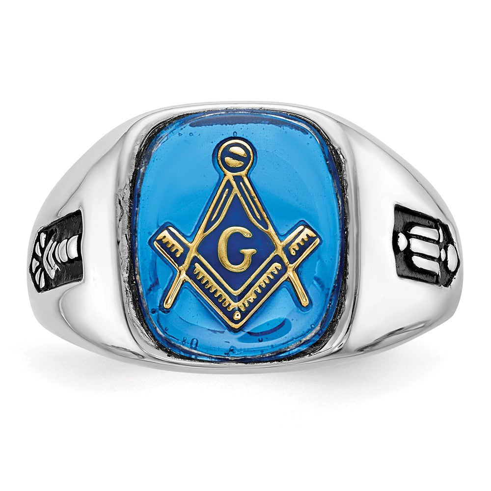 10K Weißgold Herren Poliert und Gerillt mit Schwarz Emaille Imitat Blau Spinell Freimaurer Ring