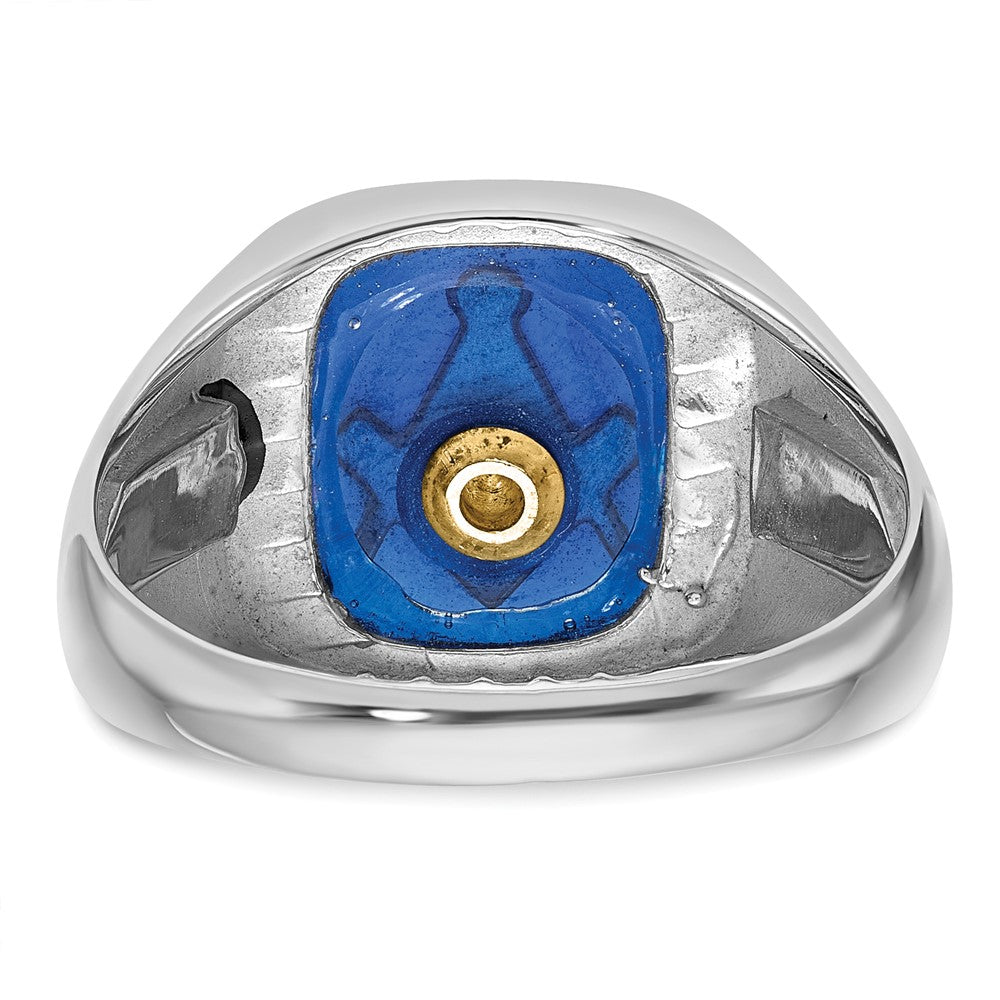 10K Weißgold Herren Poliert und Gerillt mit Schwarz Emaille Imitat Blau Spinell Freimaurer Ring