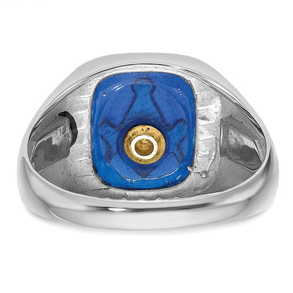 10K Weißgold Herren Poliert und Gerillt mit Schwarz Emaille Imitat Blau Spinell Freimaurer Ring