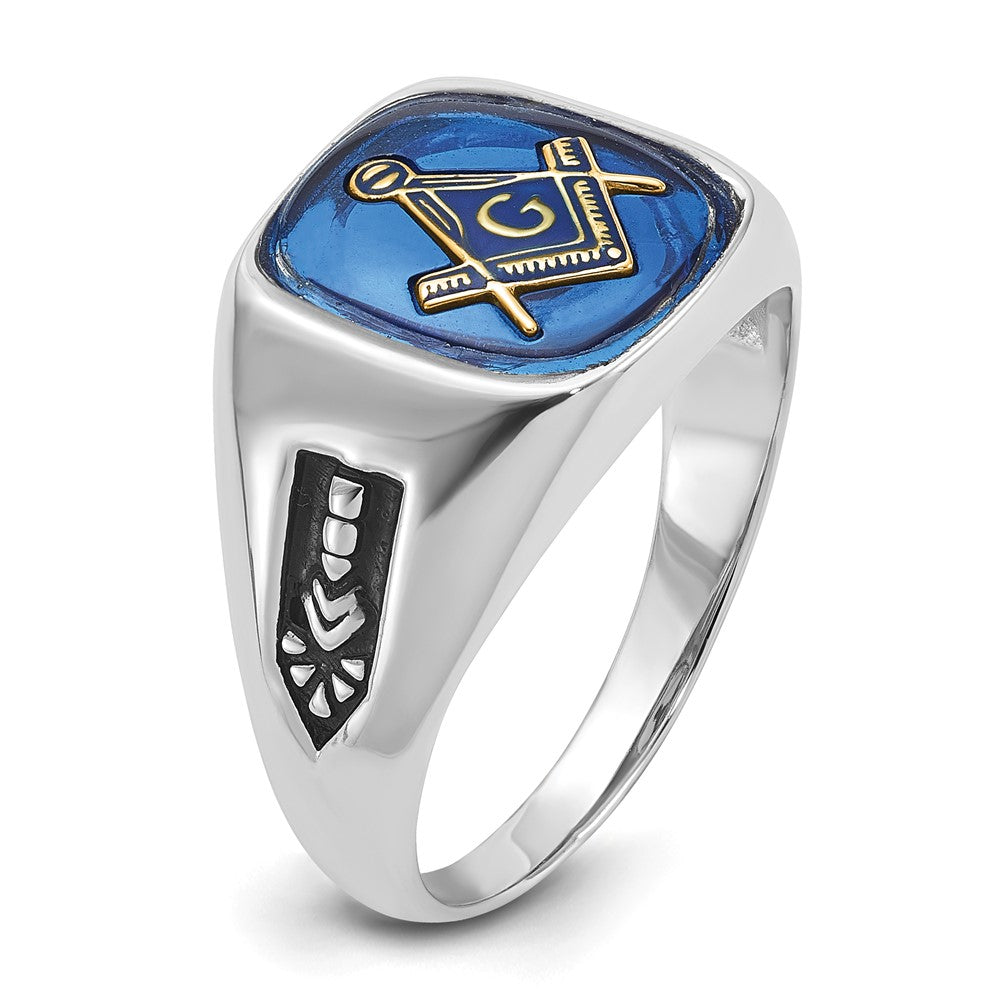 10K Weißgold Herren Poliert und Gerillt mit Schwarz Emaille Imitat Blau Spinell Freimaurer Ring