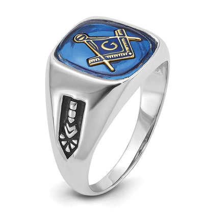 10K Weißgold Herren Poliert und Gerillt mit Schwarz Emaille Imitat Blau Spinell Freimaurer Ring