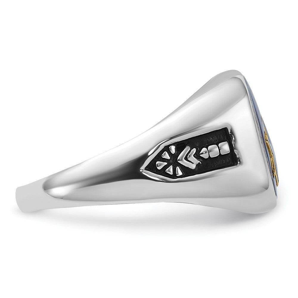 10K Weißgold Herren Poliert und Gerillt mit Schwarz Emaille Imitat Blau Spinell Freimaurer Ring
