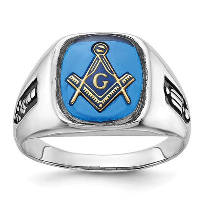 10K Weißgold Herren Poliert und Gerillt mit Schwarz Emaille Imitat Blau Spinell Freimaurer Ring