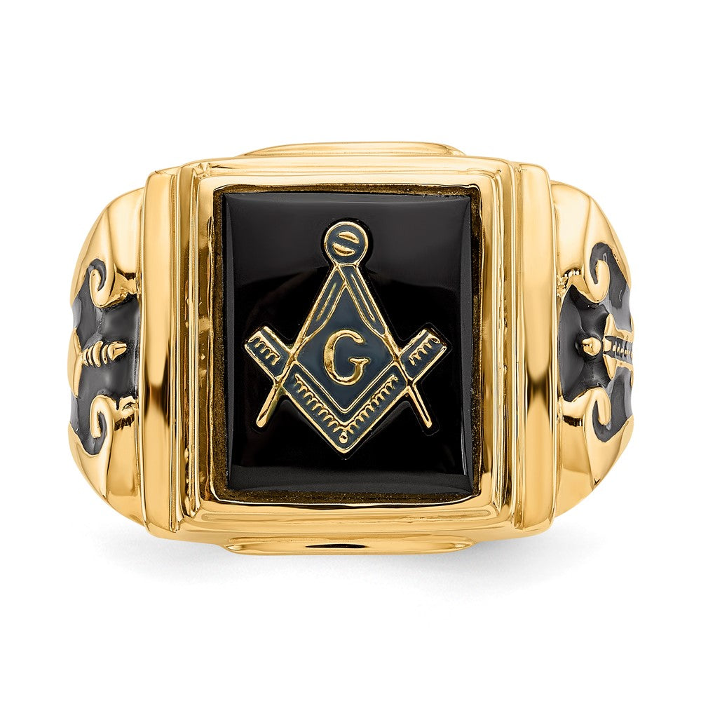 10K Gelbgold Herren Poliert und Strukturiert mit Schwarz Emaille Onyx Freimaurer Ring