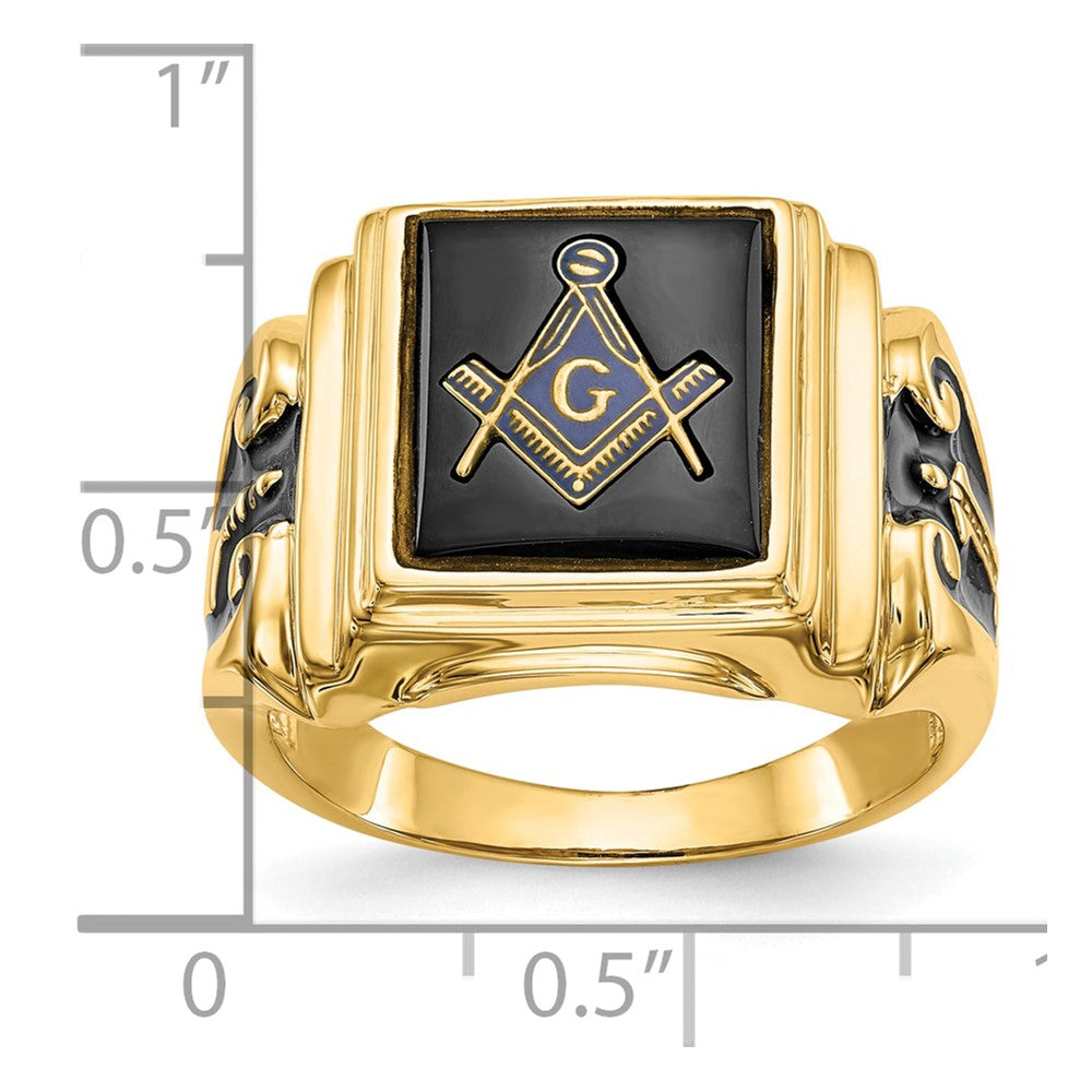 10K Gelbgold Herren Poliert und Strukturiert mit Schwarz Emaille Onyx Freimaurer Ring