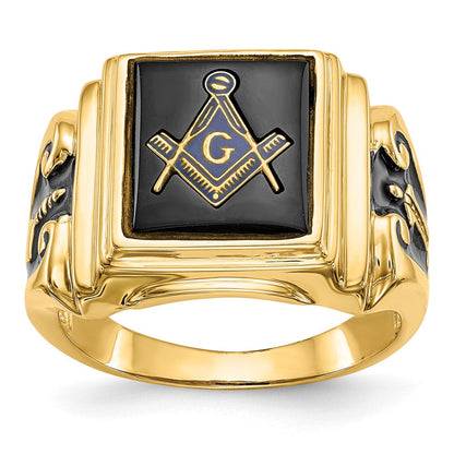 10K Gelbgold Herren Poliert und Strukturiert mit Schwarz Emaille Onyx Freimaurer Ring