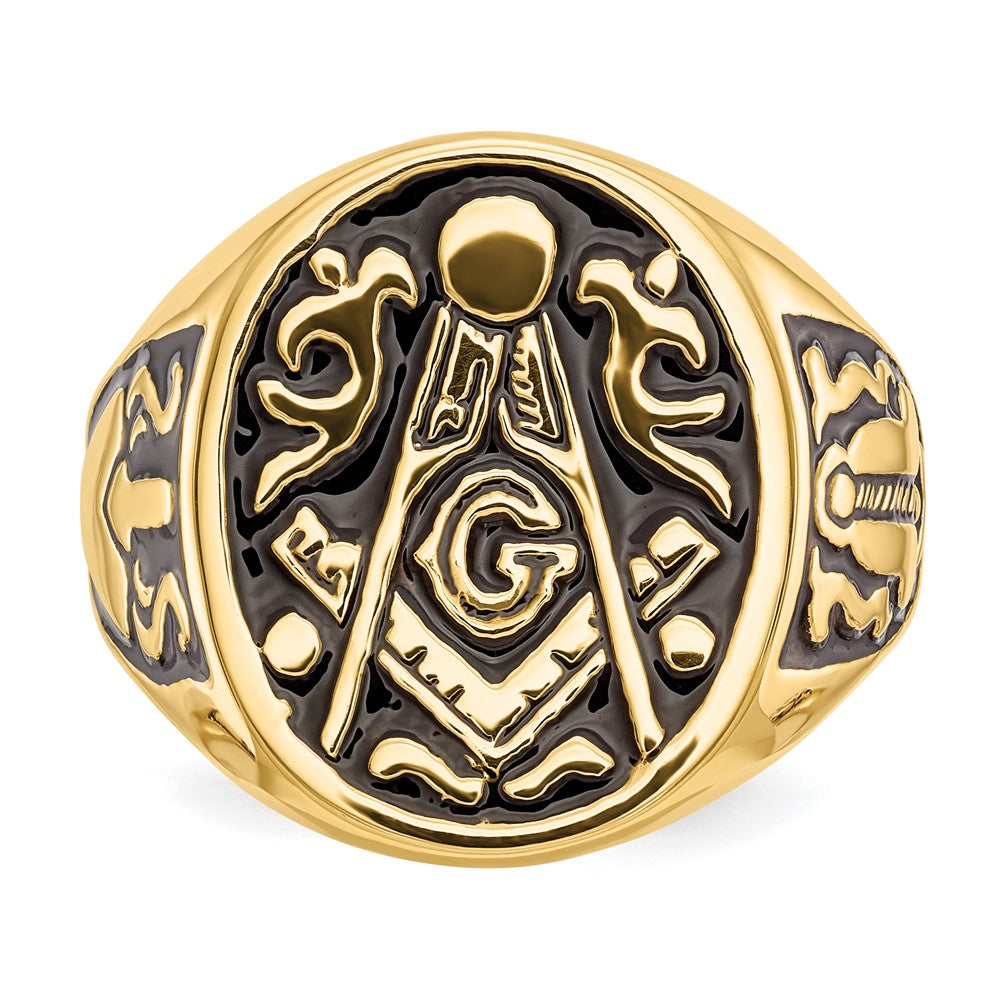 10K Gelbgold Herren Poliert und Gerillt mit Schwarz Emaille Freimaurer Ring