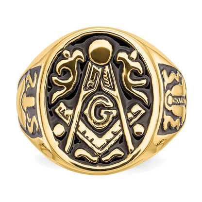 10K Gelbgold Herren Poliert und Gerillt mit Schwarz Emaille Freimaurer Ring