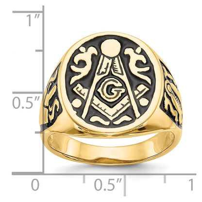 10K Gelbgold Herren Poliert und Gerillt mit Schwarz Emaille Freimaurer Ring