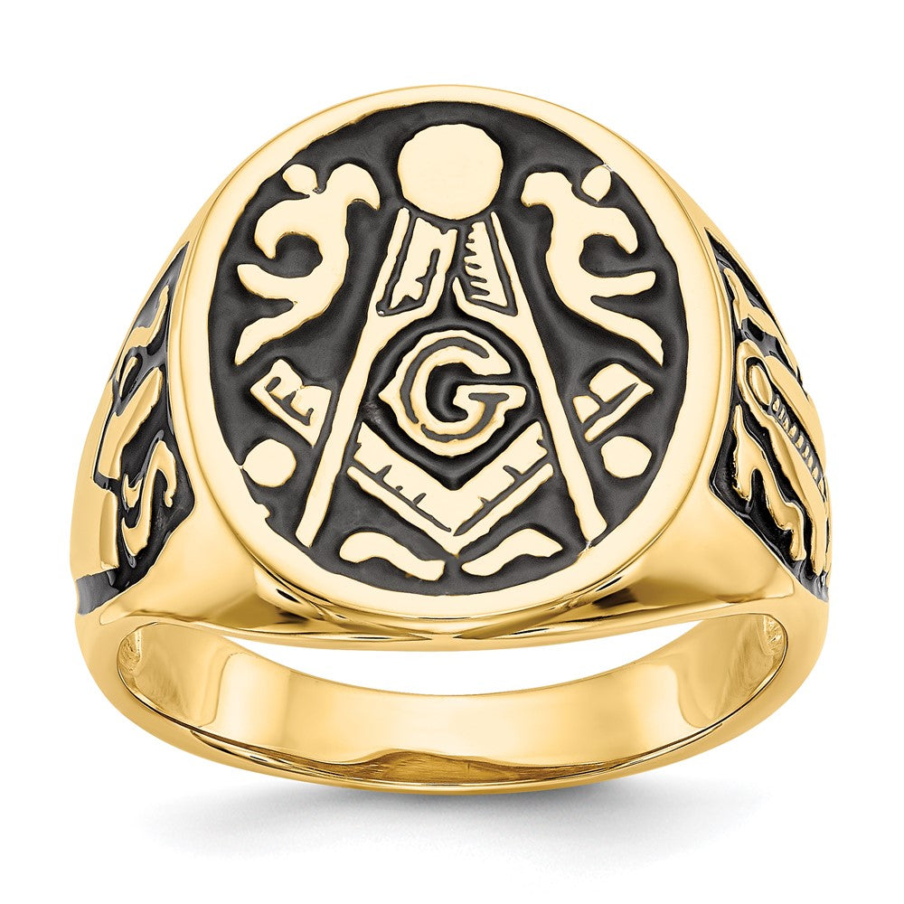 10K Gelbgold Herren Poliert und Gerillt mit Schwarz Emaille Freimaurer Ring