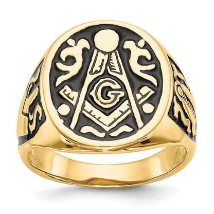 10K Gelbgold Herren Poliert und Gerillt mit Schwarz Emaille Freimaurer Ring