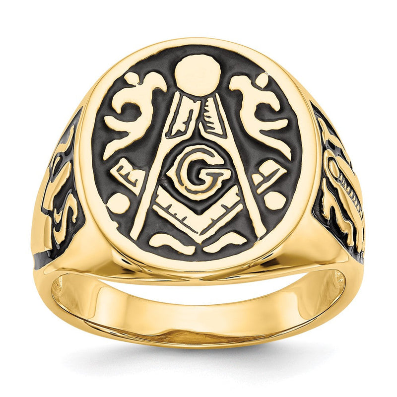 10K Gelbgold Herren Poliert und Gerillt mit Schwarz Emaille Freimaurer Ring