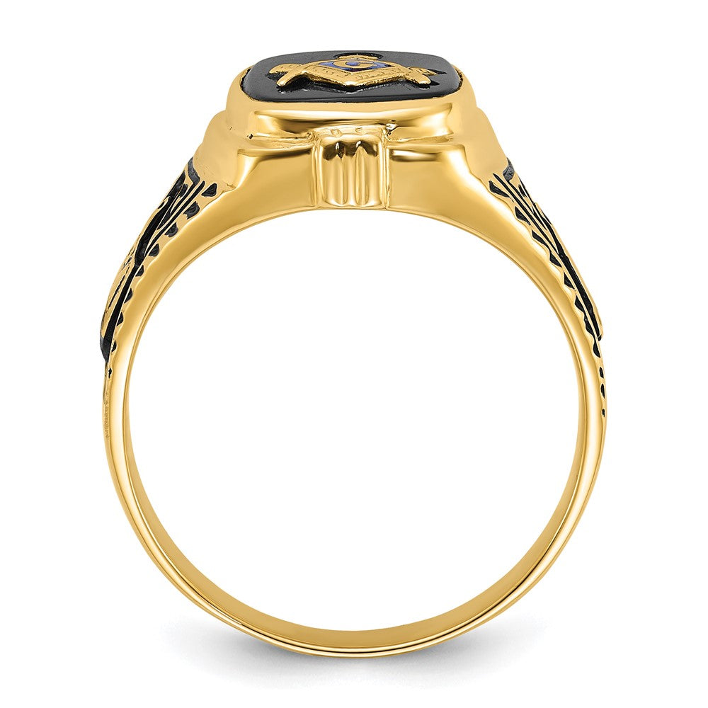 10K Gelbgold Herren Poliert, Antikisiert und Strukturiert mit Onyx Freimaurer Ring
