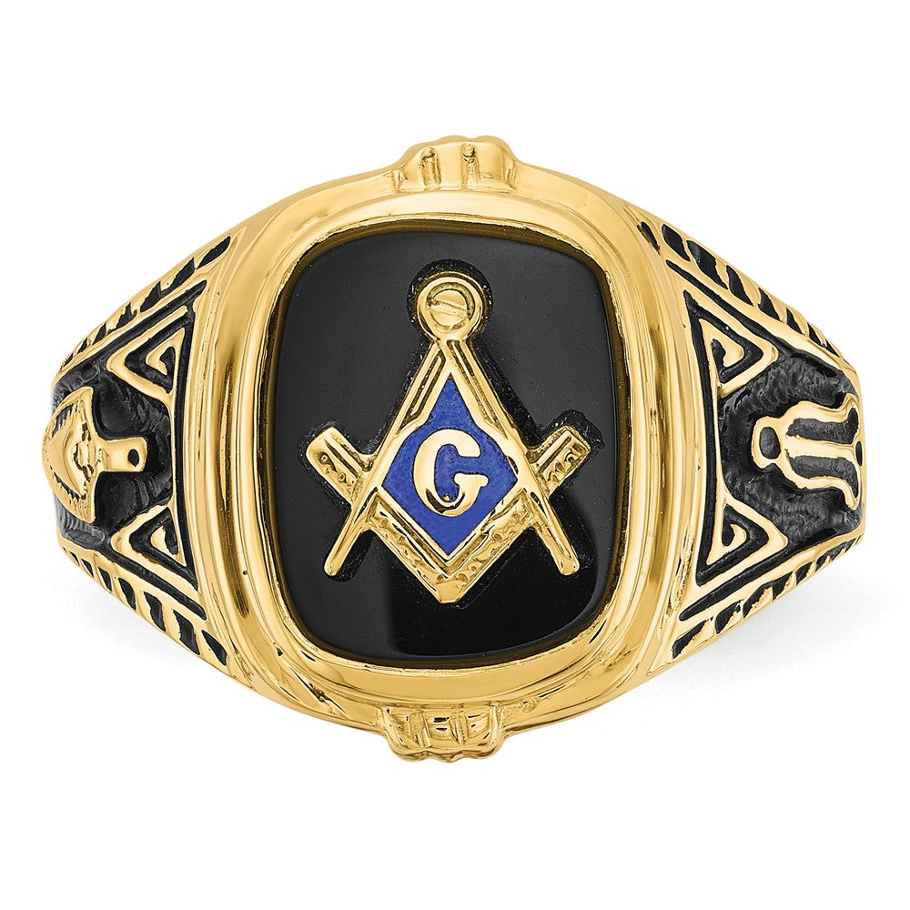 10K Gelbgold Herren Poliert, Antikisiert und Strukturiert mit Onyx Freimaurer Ring