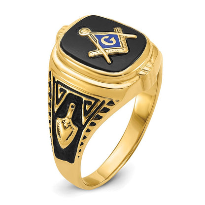 10K Gelbgold Herren Poliert, Antikisiert und Strukturiert mit Onyx Freimaurer Ring