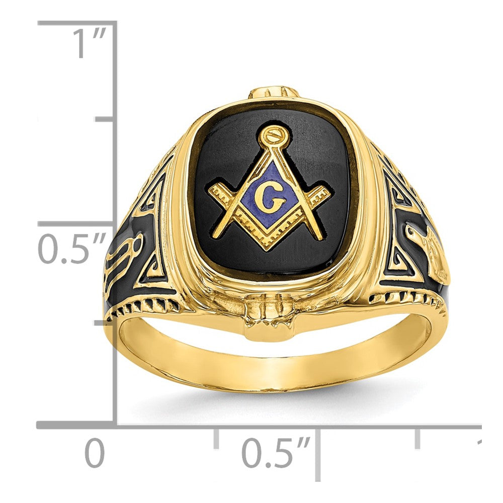 10K Gelbgold Herren Poliert, Antikisiert und Strukturiert mit Onyx Freimaurer Ring