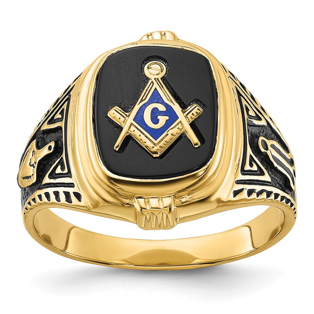 10K Gelbgold Herren Poliert, Antikisiert und Strukturiert mit Onyx Freimaurer Ring
