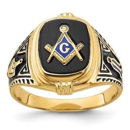 10K Gelbgold Herren Poliert, Antikisiert und Strukturiert mit Onyx Freimaurer Ring