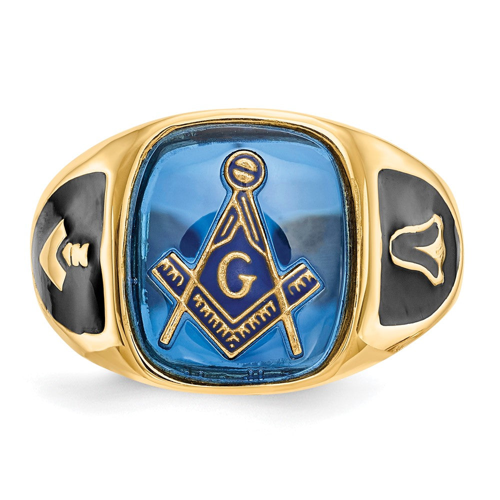 10K Gelbgold Herren Poliert, Antikisiert und Strukturiert mit Imitat Blau Spinell Freimaurer Ring