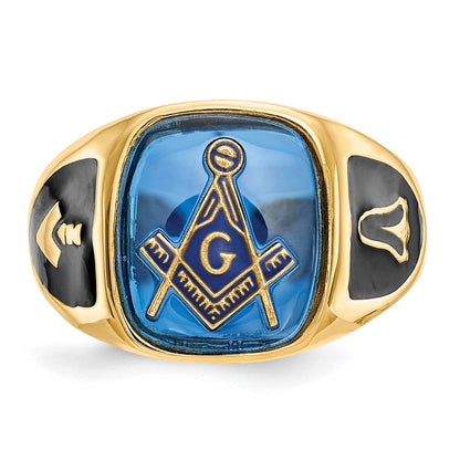 10K Gelbgold Herren Poliert, Antikisiert und Strukturiert mit Imitat Blau Spinell Freimaurer Ring