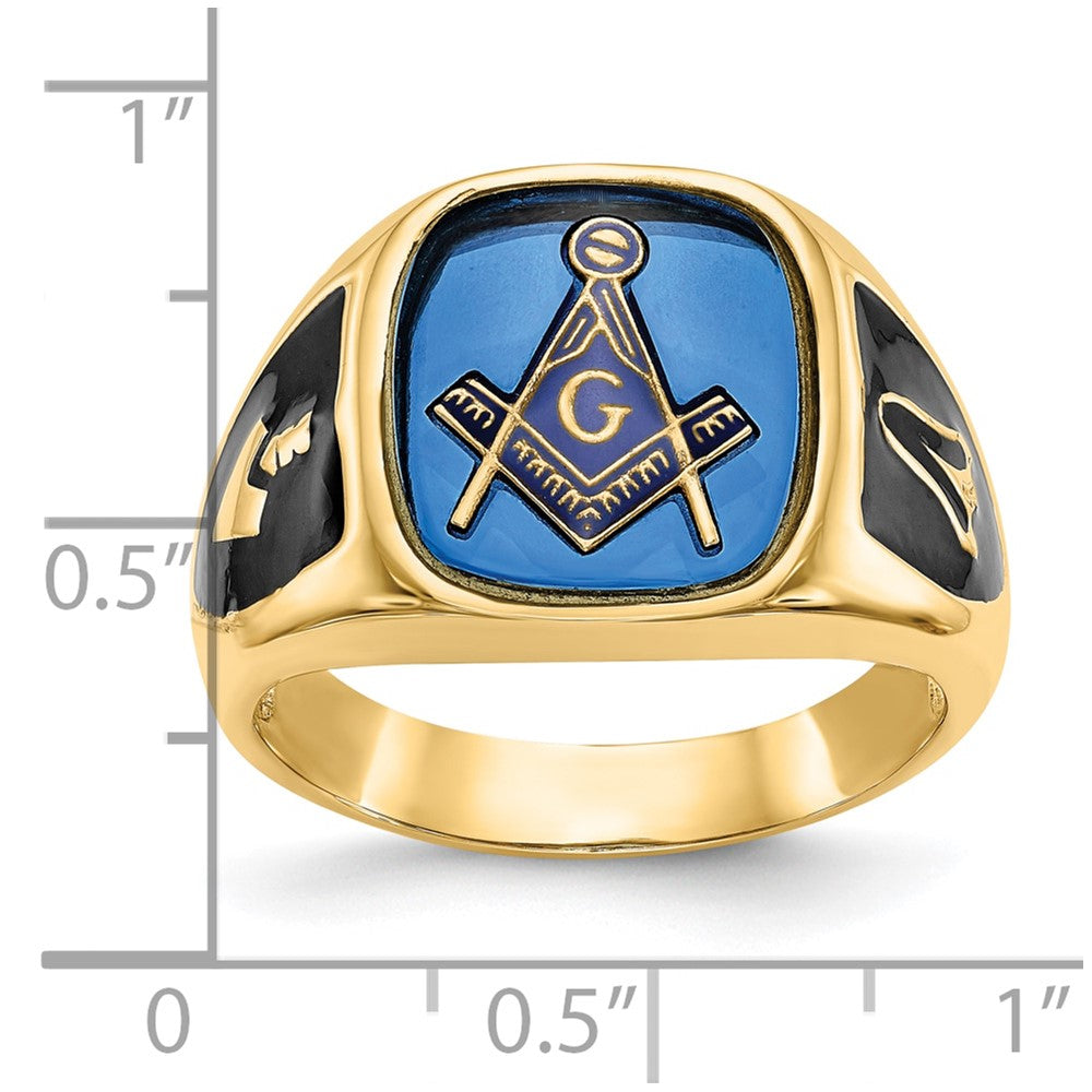 10K Gelbgold Herren Poliert, Antikisiert und Strukturiert mit Imitat Blau Spinell Freimaurer Ring