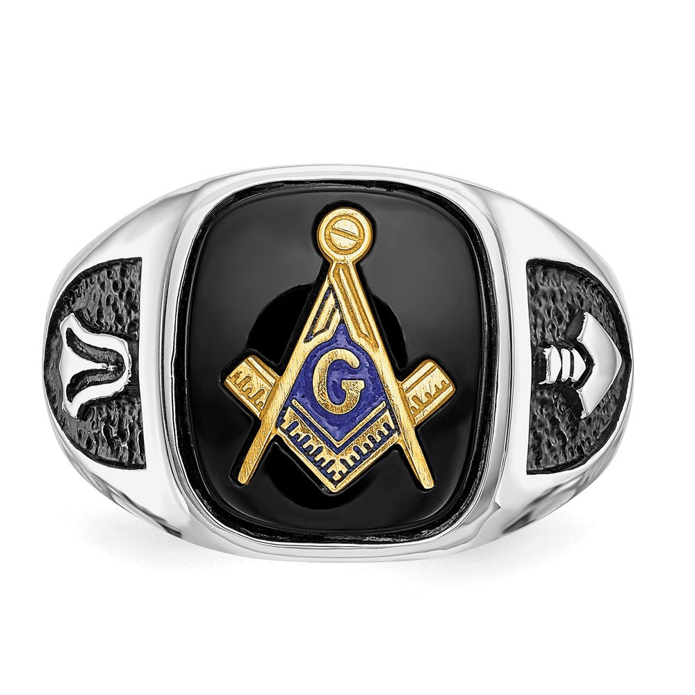 10K Weißgold und Vergoldet Poliert Strukturiert mit Schwarz Emaille Onyx Freimaurer Ring